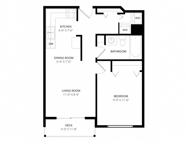 Floor plan for 1 bed, 1 bath, 650 sqft